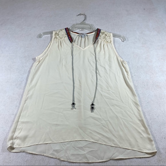 Moa Moa Top tank top woman’s Medium Boho Embroidered Shirt Tassels Blouse beige - Picture 1 of 10